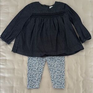 Ralph Lauren Baby Girl 2 Piece Smocked Denim & Floral Leggings Set Size 12m